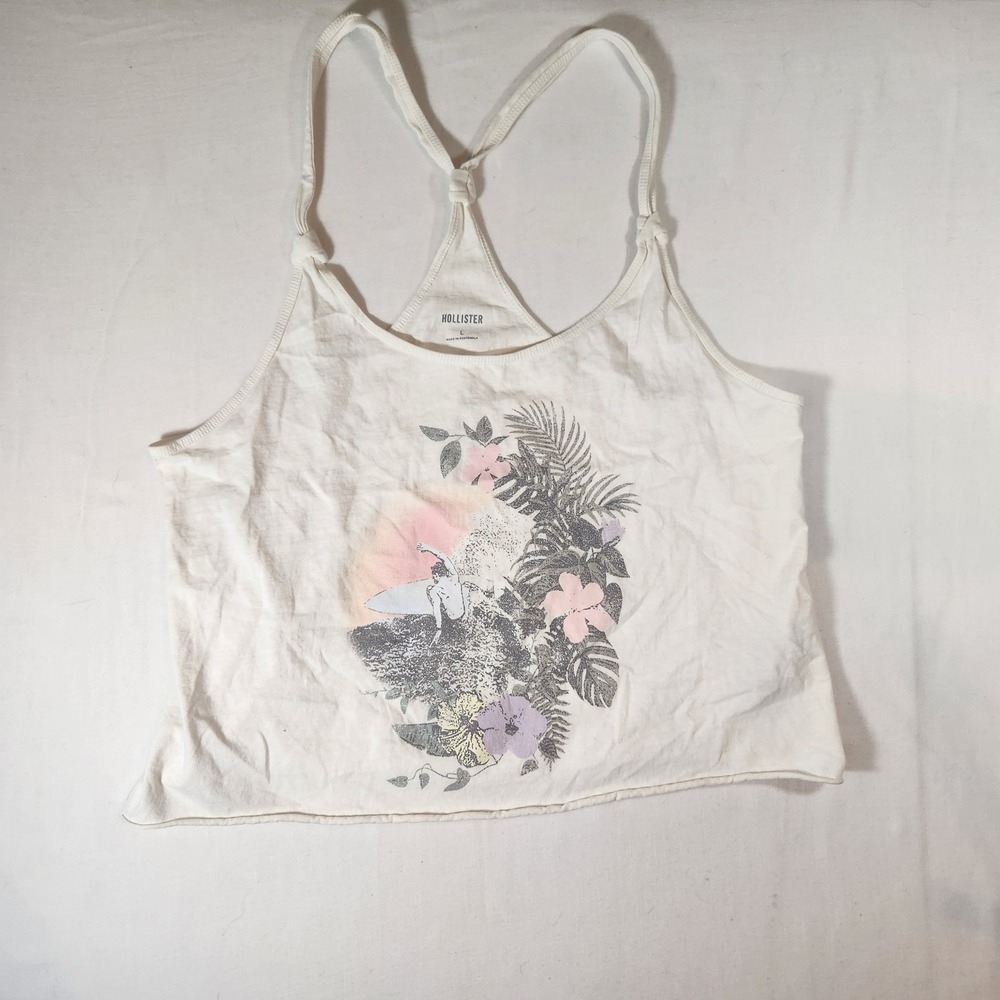 Hollister Womens White Tropical Surfer Graphic Racerback Tank Top Size L